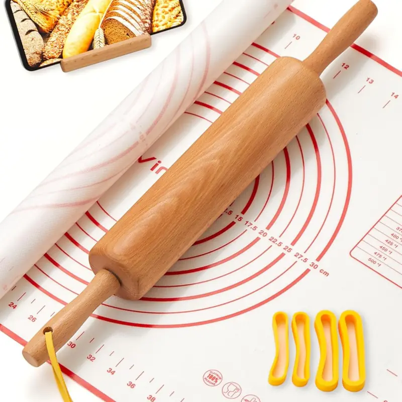 Classic Wood Rolling Pin with Silicone Mat