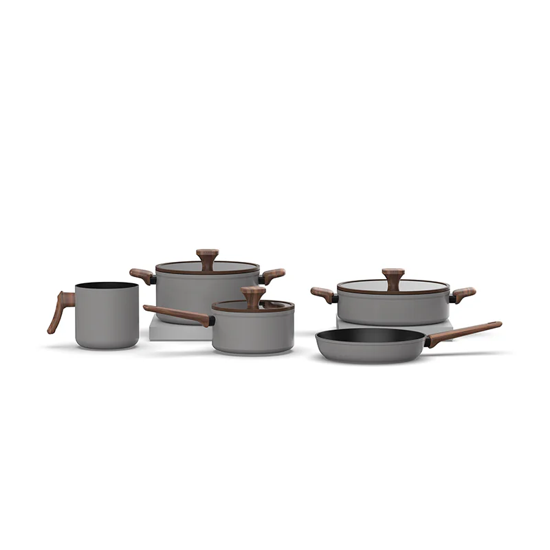 OEM: Custom Grey Aluminum Cookware Set with Wooden - Like Handles