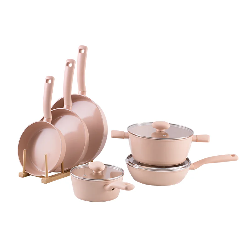 OEM: Custom Blush Pink Aluminum Cookware Set with Glass Lids