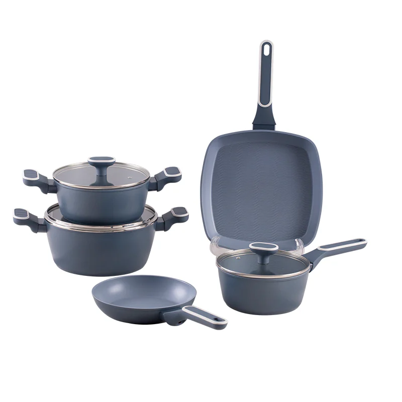 OEM: Custom Slate Blue Aluminum Cookware Set with Glass Lids