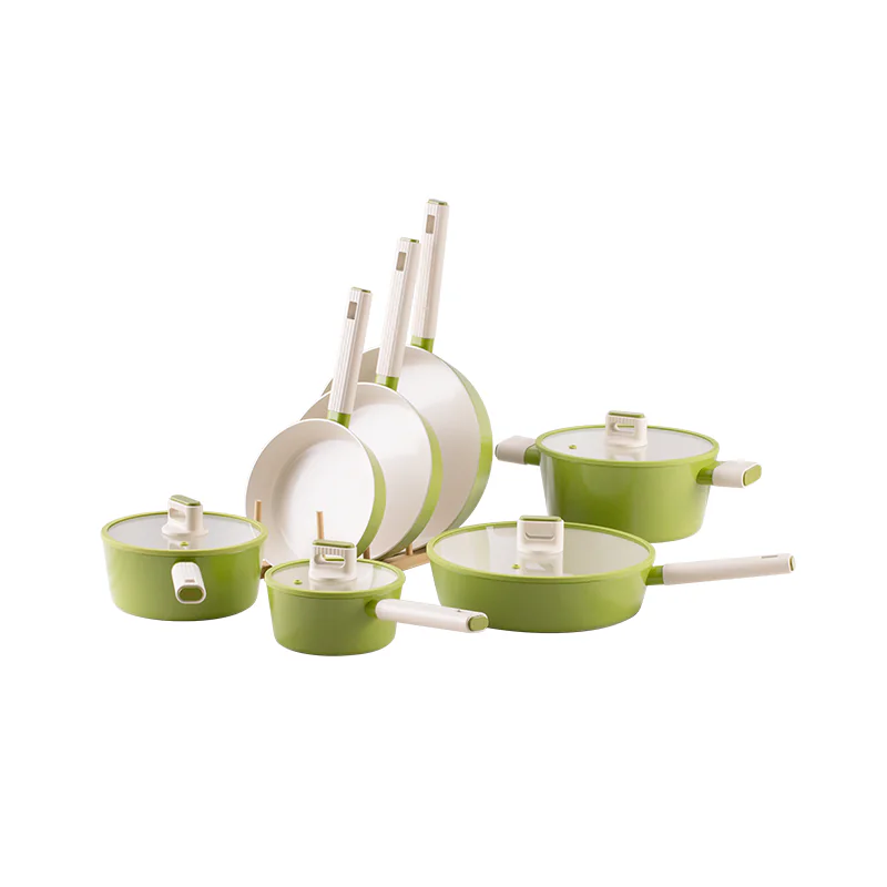 OEM: Custom Fresh Green Aluminum Cookware Set with Glass Lids