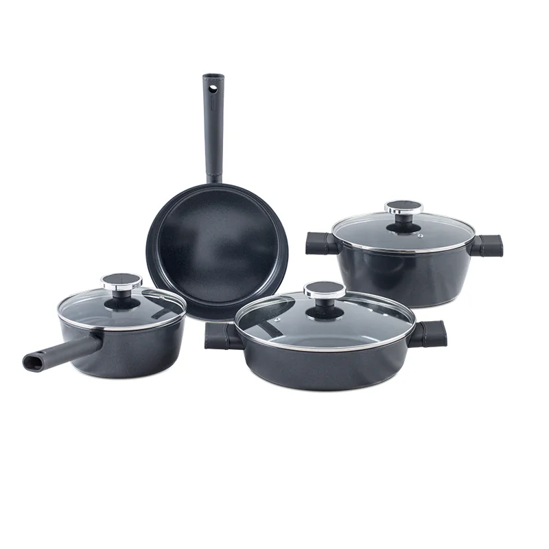 OEM: Custom Sleek Black Aluminum Cookware Set with Glass Lids