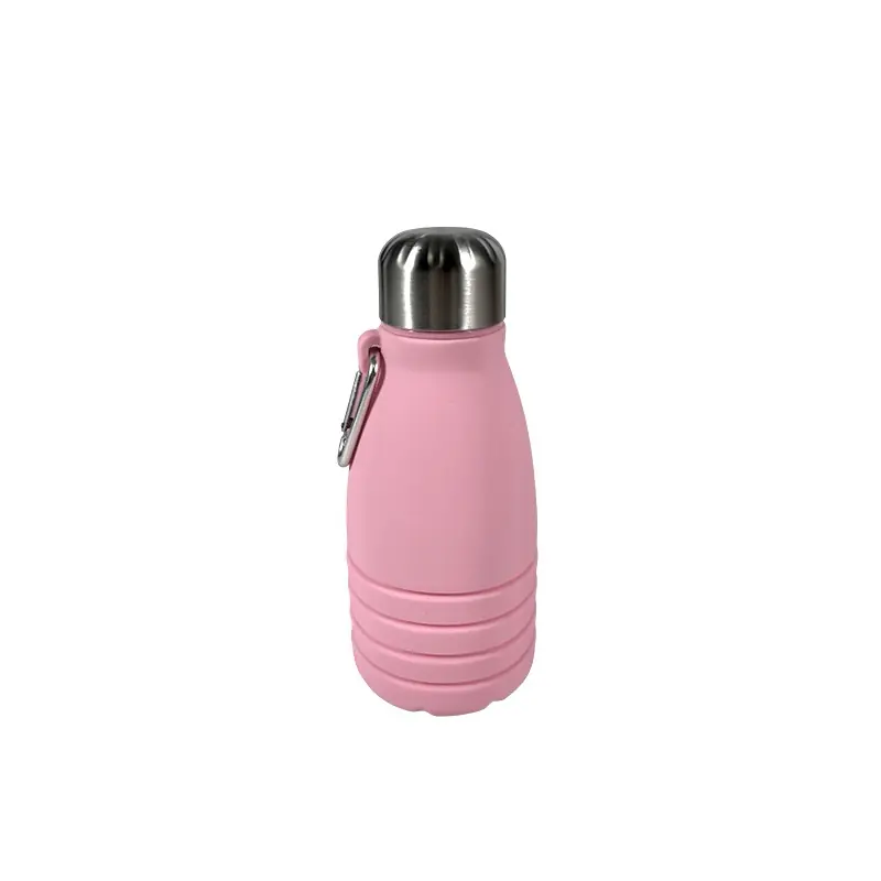 Collapsible Silicone Water Bottle with Metal Lid & Carabiner - Pink Wholesale
