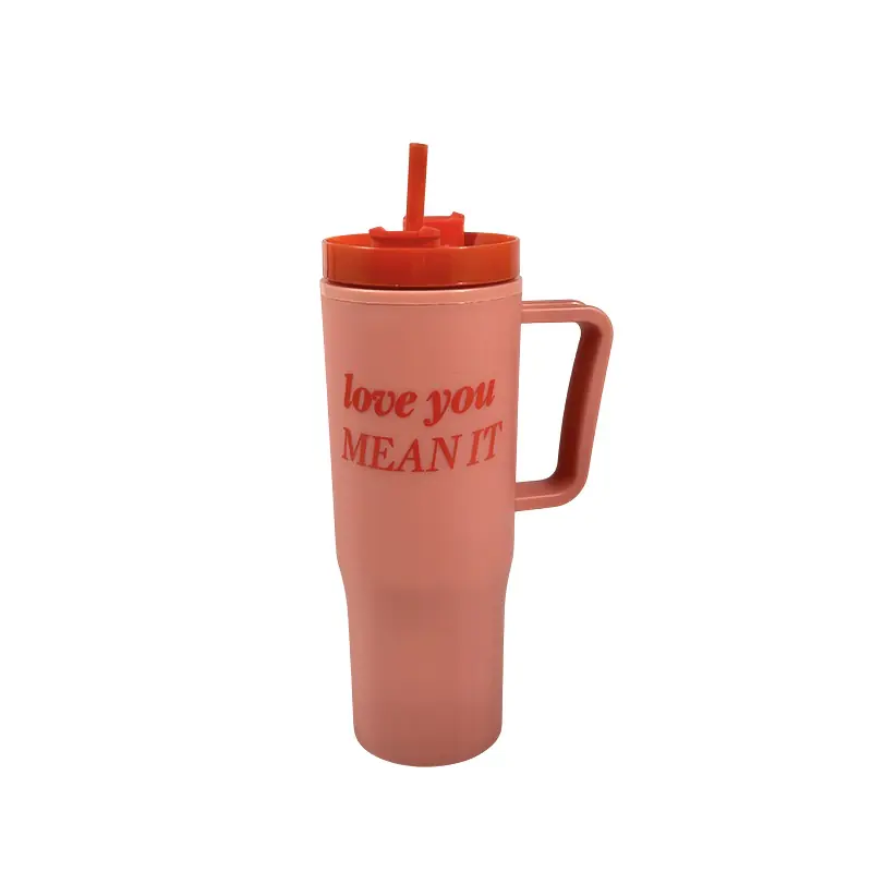 Vaso térmico con tapa roja, pajita y asa