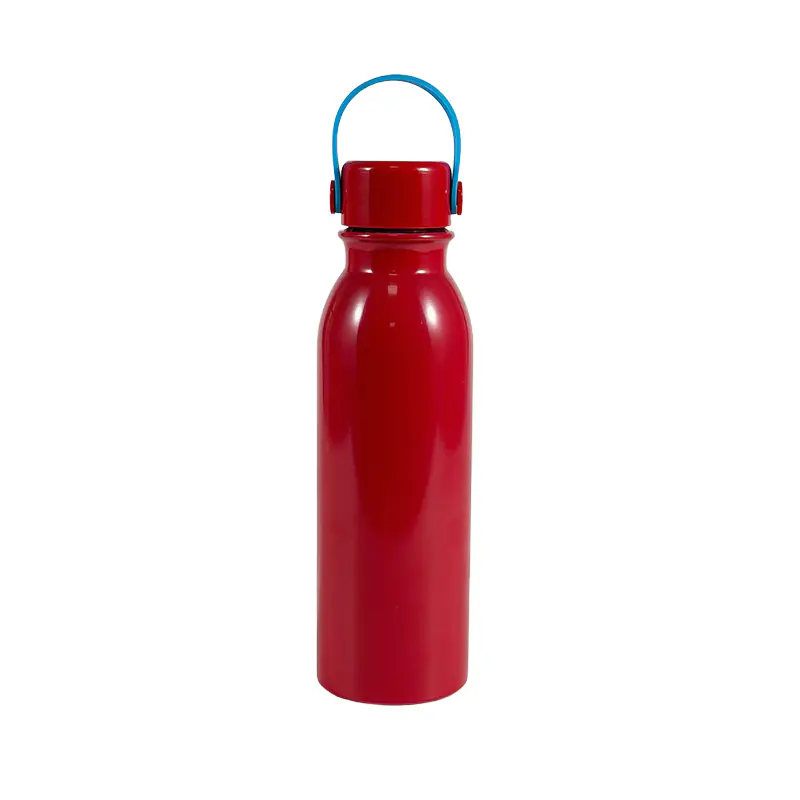 Botella de agua de acero inoxidable rojo brillante con asa de transporte azul para venta al por mayor