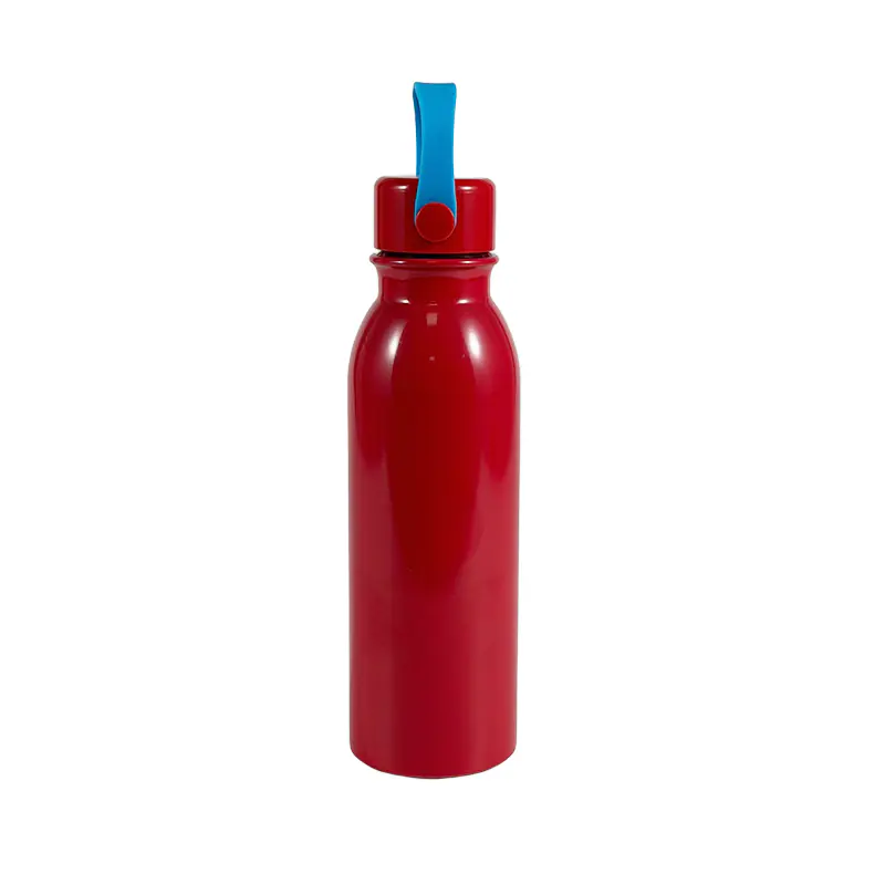 Botella de agua de acero inoxidable rojo brillante con asa de transporte azul para venta al por mayor