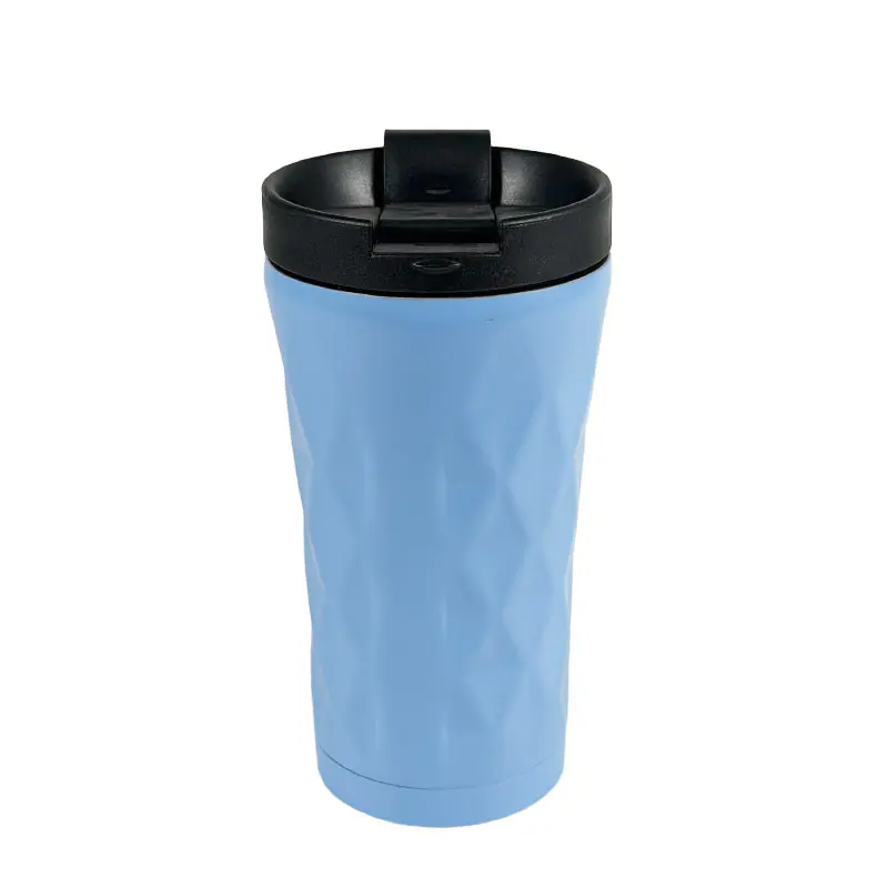 Soft Light Blue Diamond-Textured Stainless Steel Tumbler with Flip-Top Lid for Wholesale