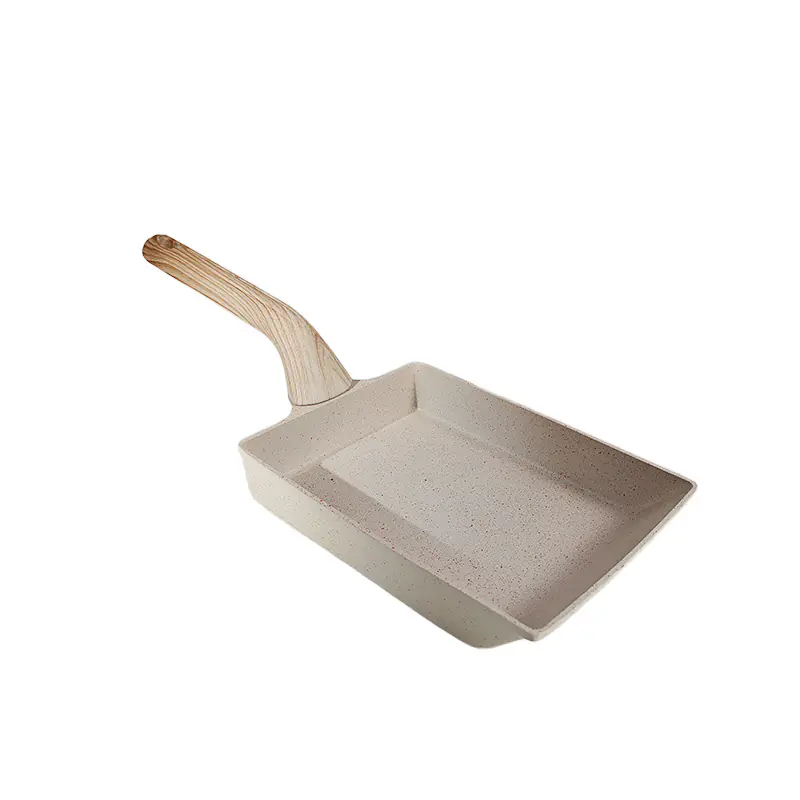 Minimalist Beige Speckled Aluminum Square Baking Pan with Wooden Handle for Wholesale