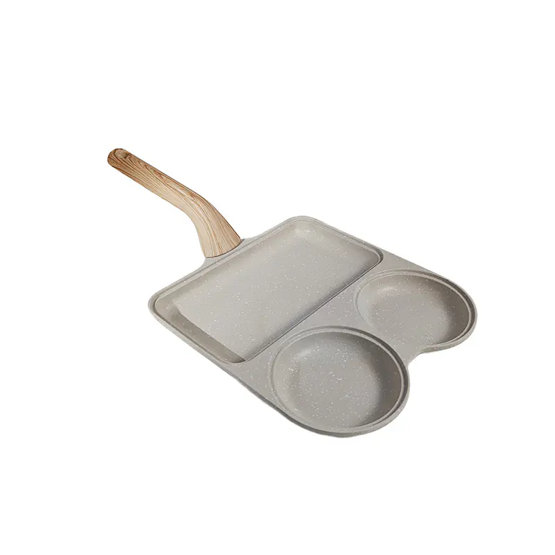 Minimalist Beige Speckled Aluminum 3-Compartment Baking Pan with Wooden Handle for Wholesale