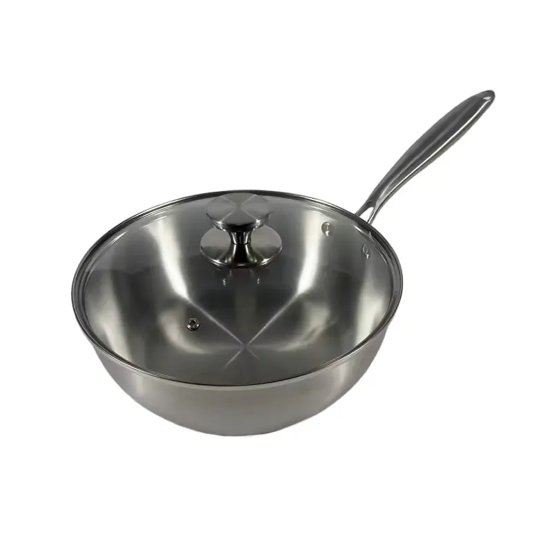 High-End Stainless Steel Tri-Ply Wok with Glass Lid for Wholesale