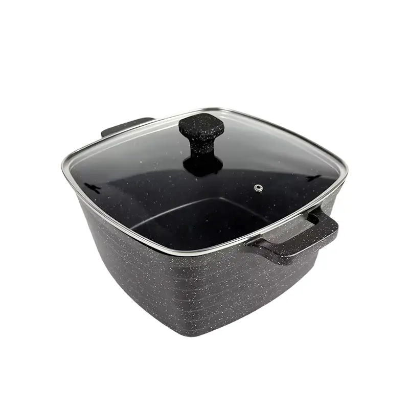 Sleek Black Speckled Aluminum Square Pot with Glass Lid for Wholesale